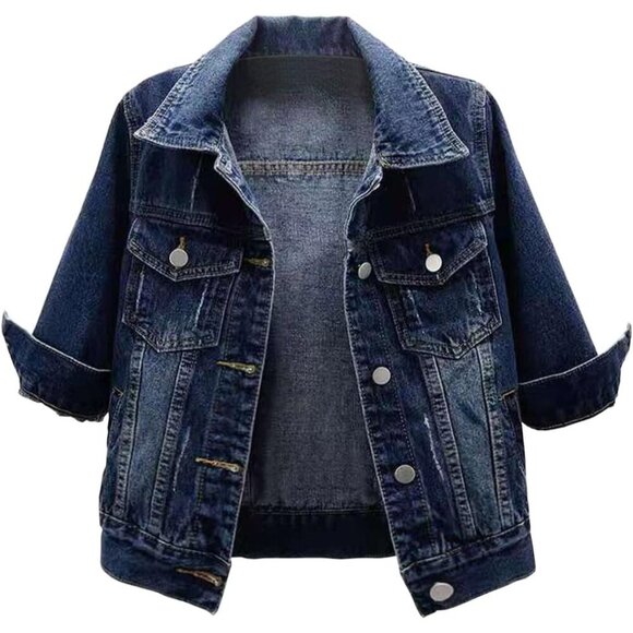 Jackets & Blazers - Women's Cropped Denim Jacket 3/4 Sleeve Button Closure Casual Stylish